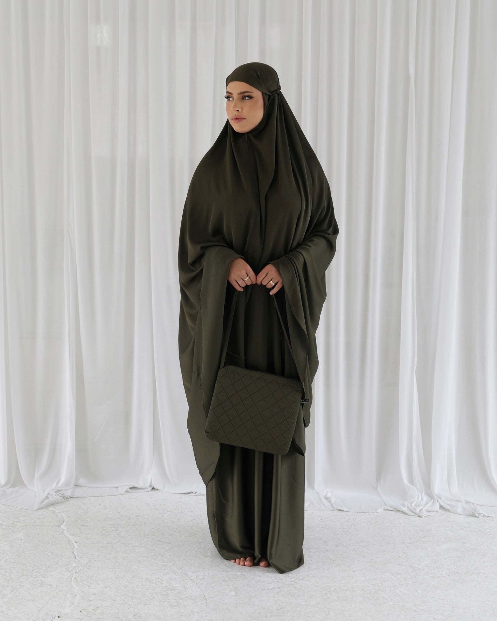 Amina Girls satin prayer set with matching bag Taupe main image 1