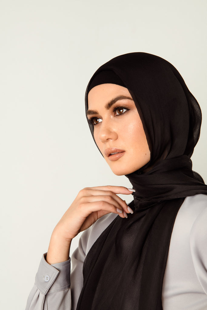 Pure Organic Silk Textured Headscarf - Black - SOFINAS