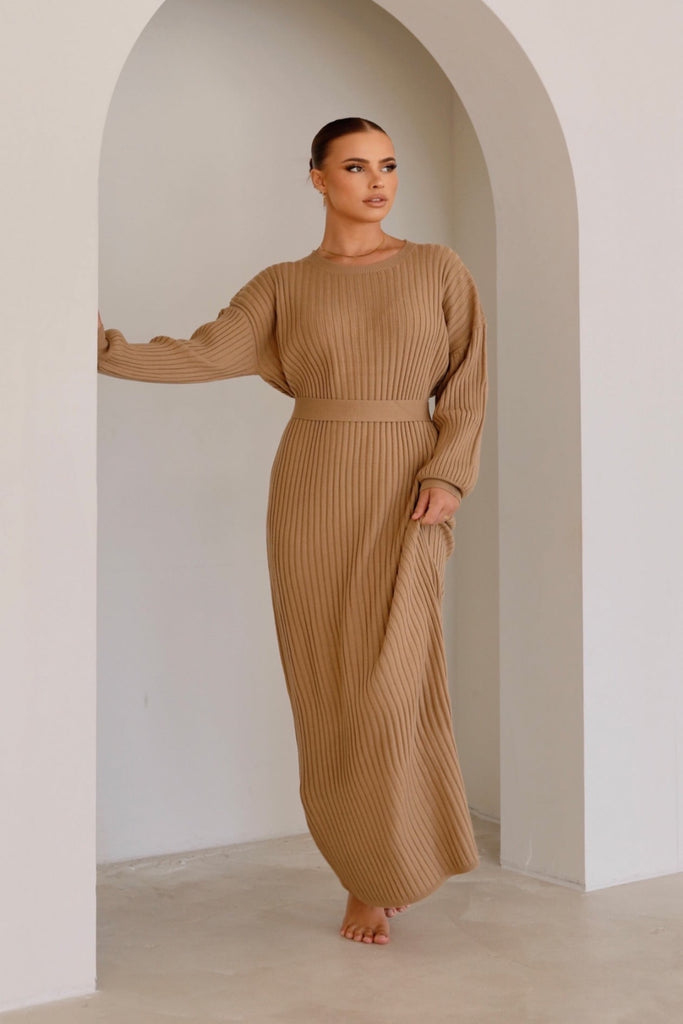 Maxi Ribbed Knit Dress in Caramel - SOFINAS