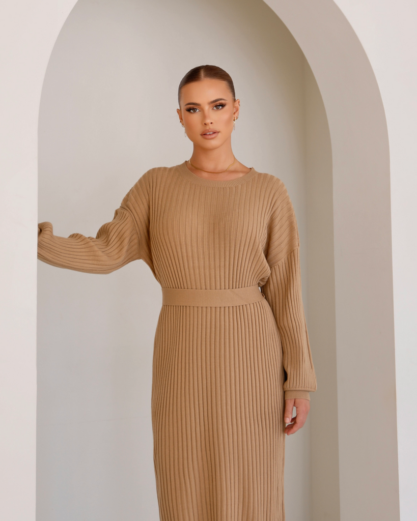 Maxi Ribbed Knit Dress in Caramel - SOFINAS