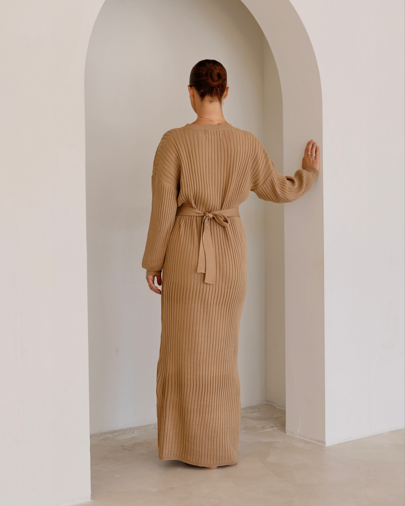 Maxi Ribbed Knit Dress in Caramel - SOFINAS