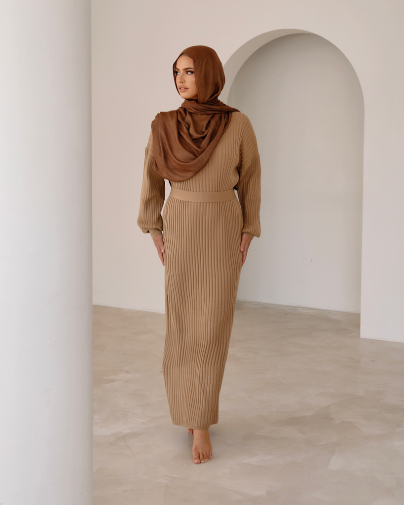 Maxi Ribbed Knit Dress in Caramel - SOFINAS